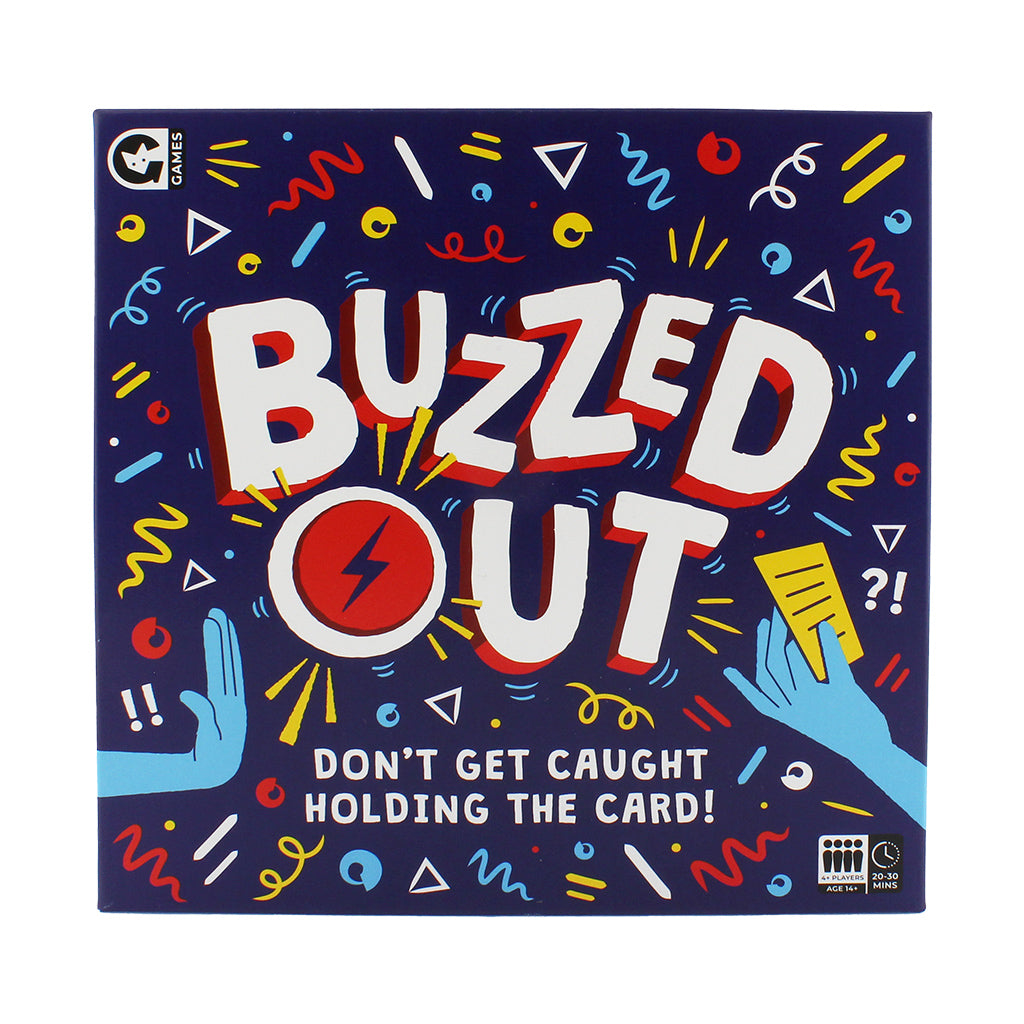 Colorful game box for "Buzzed Out," featuring bold text and playful designs, emphasizing fun and excitement.
