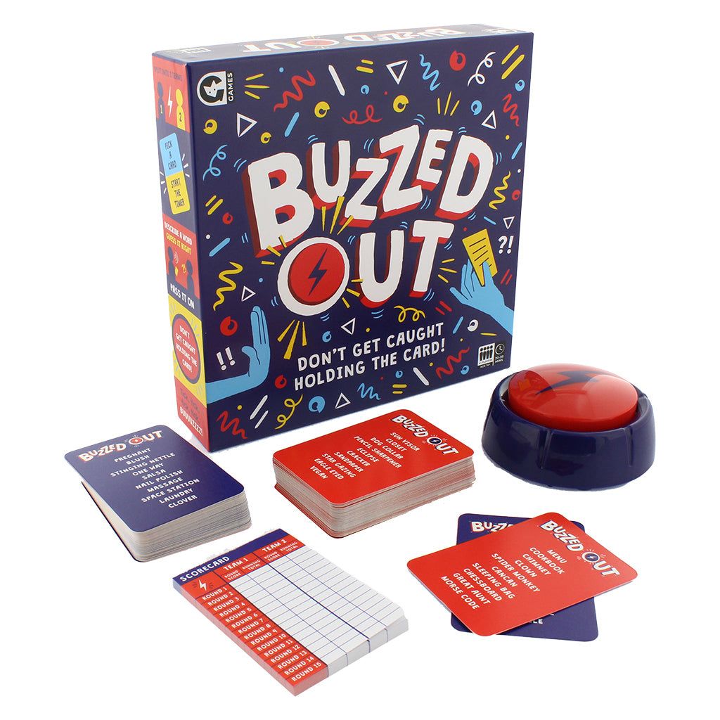 Buzzed Out board game box with cards and a buzzer, featuring colorful graphics and playful design elements.
