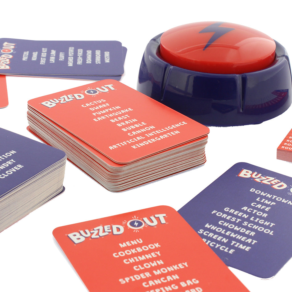 Buzzed Out game components featuring a stack of cards with various prompts and a red buzzer for gameplay.