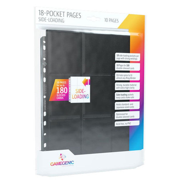 Gamegenic 18-pocket sideloading pages in black, pack of 10, designed for storing and organizing trading cards securely.