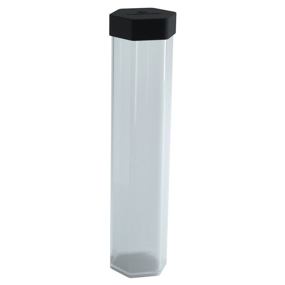 Clear Gamegenic Playmat Tube with a black hexagonal cap, designed for storing and transporting gaming playmats safely.