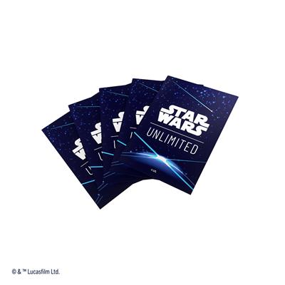 Gamegenic Star Wars Unlimited card sleeves in blue, featuring a starry background and the logo prominently displayed.