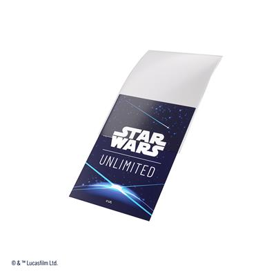 Blue Gamegenic sleeves for Star Wars Unlimited cards, featuring a sleek design with the logo and cosmic background.
