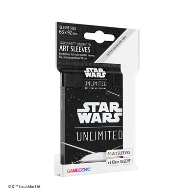 Gamegenic Star Wars Unlimited card sleeves in back white, featuring a pack of 60 art sleeves and one clear sleeve.