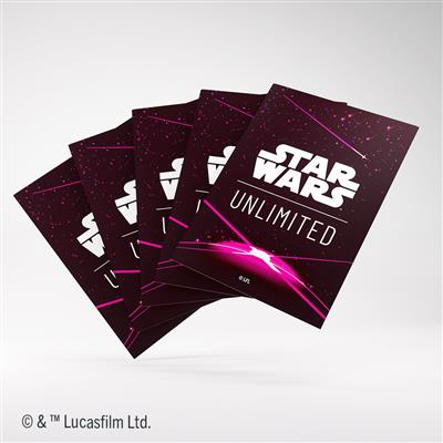 Gamegenic Star Wars Unlimited card sleeves in magenta, featuring the Star Wars logo and vibrant cosmic design.