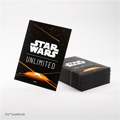Gamegenic Star Wars Unlimited orange sleeves featuring a black background with the Star Wars logo and design elements.