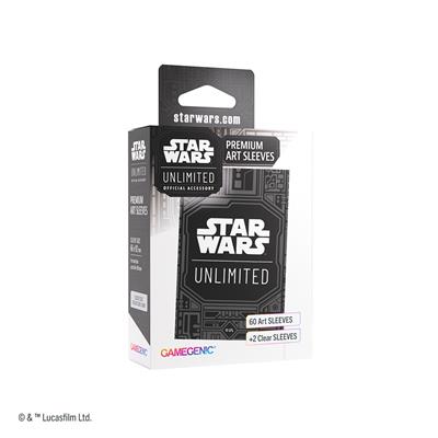 Gamegenic Star Wars Unlimited premium art sleeves packaging featuring a sleek design and branding, includes 60 art sleeves and 2 clear sleeves.