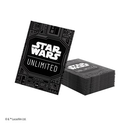 Gamegenic Star Wars Unlimited sleeves featuring a sleek black design with the text "Star Wars Unlimited" and a geometric pattern.