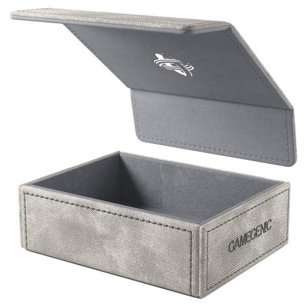 Gray Gamegenic Token Keep box with a soft interior and lid open, designed for storing gaming tokens and accessories.