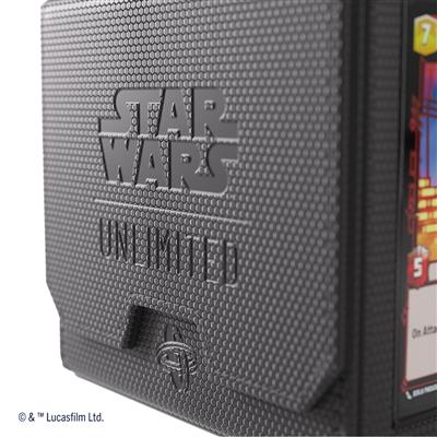 Black Gamegenic Deck Box for Star Wars Unlimited featuring a textured surface and embossed logo for card protection.