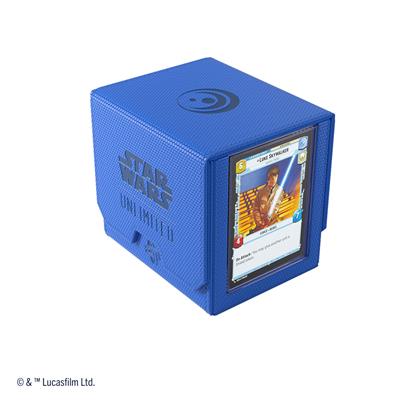 Blue Gamegenic Deck Box for Star Wars Unlimited featuring a card display window and textured exterior.