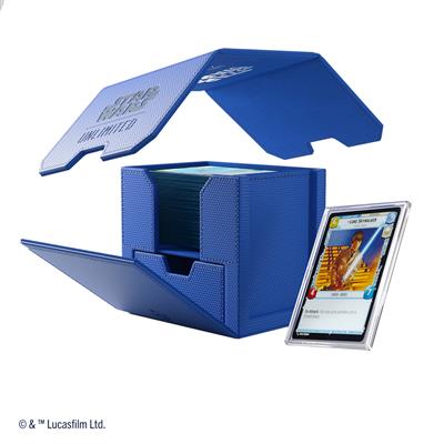 Blue Gamegenic Deck Box for Star Wars Unlimited, featuring an open lid and a card displayed in a protective sleeve.