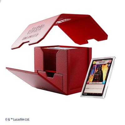 Red Gamegenic Deck Box for Star Wars Unlimited, featuring a textured design and an open lid revealing a card inside.