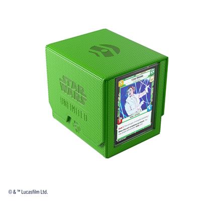 Green Gamegenic Deck Box for Star Wars Unlimited featuring a card display and textured design for protection and style.