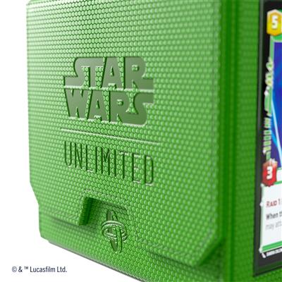 Green Gamegenic Deck Box for Star Wars Unlimited featuring a textured design and embossed logo. Ideal for card storage.