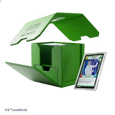 Green Gamegenic Deck Box for Star Wars Unlimited, featuring a textured design and an open lid displaying a trading card.
