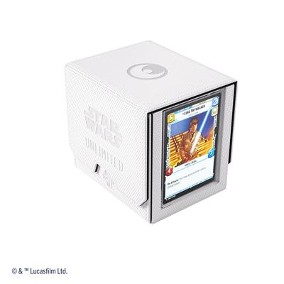 Gamegenic Deck Box for Star Wars Unlimited in white and black, featuring a transparent front for card display.