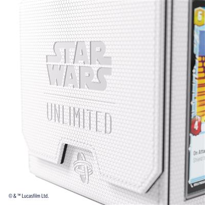 White and black Gamegenic Deck Box featuring the Star Wars Unlimited logo, designed for card storage and protection.