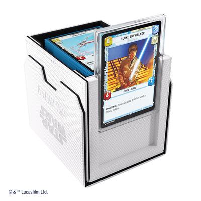 Gamegenic Deck Box for Star Wars Unlimited in white and black, featuring a clear top and a card inside showing Luke Skywalker.