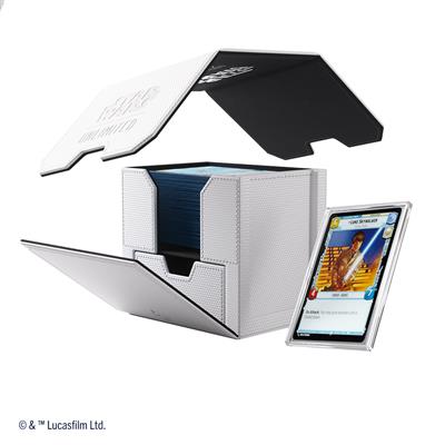 Gamegenic Deck Box for Star Wars Unlimited in white and black, featuring an open lid and a card displayed beside it.