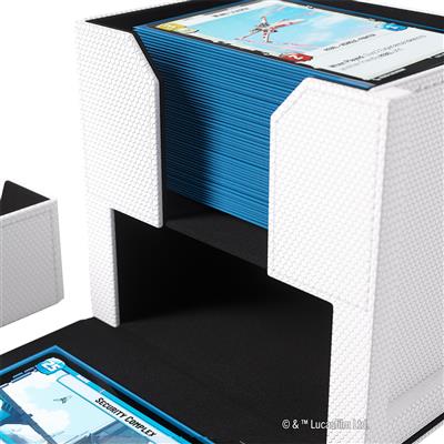 Gamegenic Deck Box for Star Wars Unlimited in white and black, showcasing a deck pod with blue cards inside.
