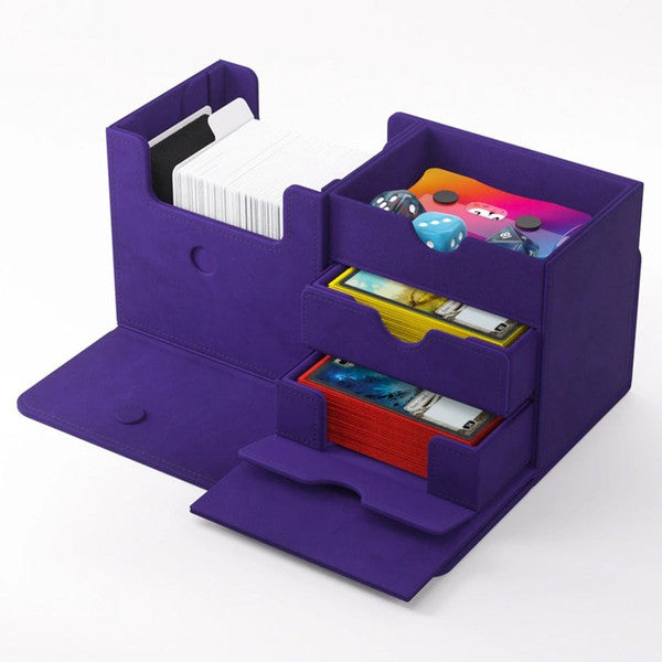 Gamegenic Deck Box The Academic 133+ XL in purple, featuring multiple compartments for cards and accessories.