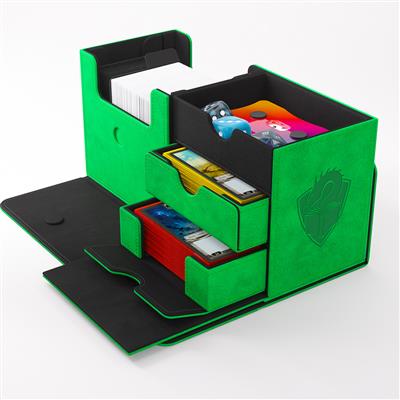 Gamegenic Deck Box The Academic 133+ XL in green and black, featuring multiple compartments for cards and accessories.