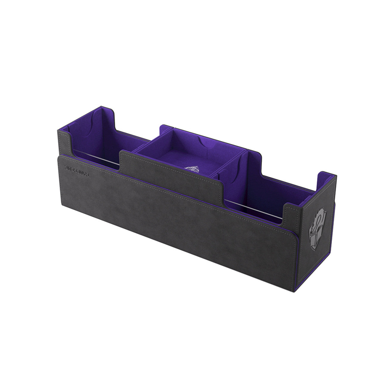 Gamegenic Deck Box: The Academic 266+ XL in black and purple, featuring three compartments for card storage and organization.