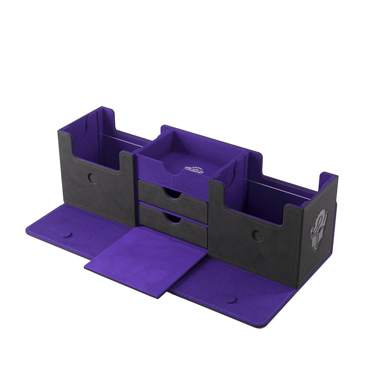 Gamegenic Deck Box: The Academic 266+ XL in black and purple, featuring multiple compartments and drawers for card storage.