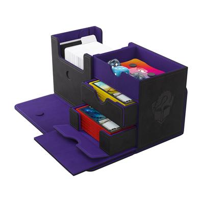 Gamegenic Deck Box The Academic 133+ XL in black and purple, featuring multiple compartments for card storage and organization.