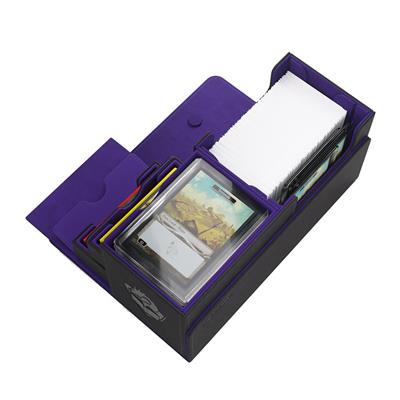 Gamegenic Deck Box The Academic 133+ XL in black and purple, featuring compartments for cards and accessories.