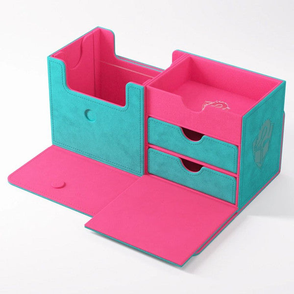Gamegenic Deck Box The Academic 133+ XL in teal and pink, featuring two compartments and two drawers for card storage.