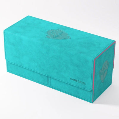 Gamegenic Deck Box: The Academic 133+ XL in teal and pink, featuring a sleek design and logo, ideal for card storage.