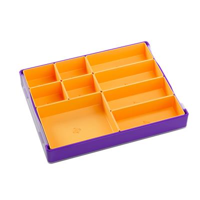 Gamegenic Token Silo Convertible in purple and orange, featuring multiple compartments for organizing game tokens and accessories.