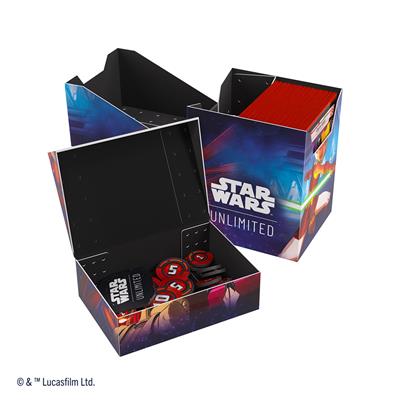 Gamegenic Deck Box featuring Star Wars Unlimited design with Ahsoka Tano and General Grievous, open to reveal red card sleeves.