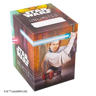 Gamegenic Deck Box featuring Star Wars Unlimited design with Obi-Wan and Darth Maul, showcasing vibrant lightsabers.