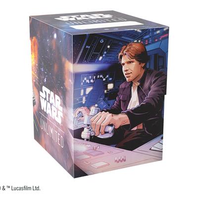 Gamegenic Deck Box featuring Han Solo piloting the Millennium Falcon, designed for Star Wars Unlimited card storage.