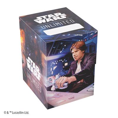 Gamegenic Deck Box featuring Han Solo and the Millennium Falcon, designed for Star Wars Unlimited card storage.
