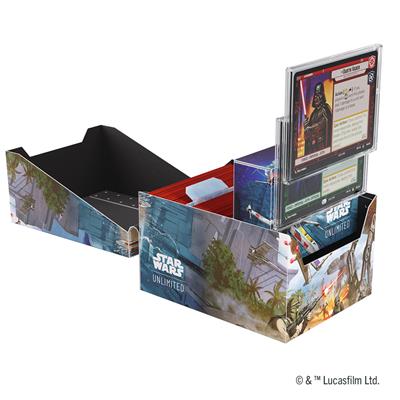 Gamegenic Deck Box featuring Star Wars Unlimited design, showcasing the Twin Suns Soft Crate and cards inside.