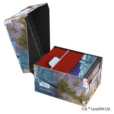 Gamegenic Deck Box featuring Star Wars Unlimited design, open to reveal organized card storage with red dividers.