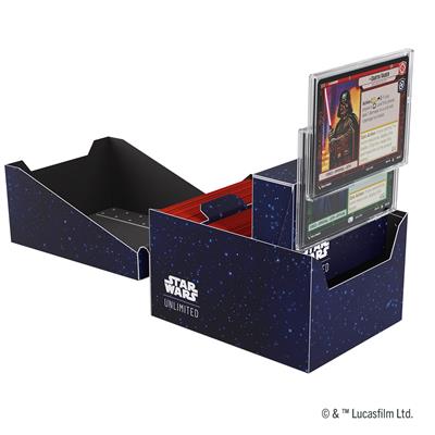 Gamegenic Deck Box for Star Wars Unlimited featuring Twin Suns design, holding trading cards in a blue soft crate.
