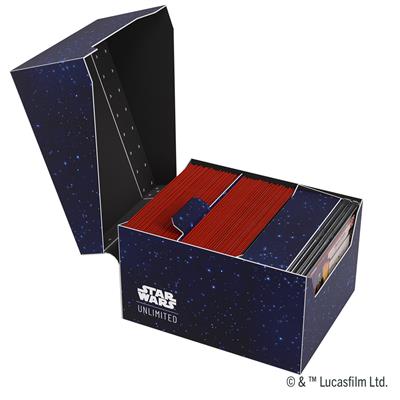 Blue Gamegenic Deck Box for Star Wars Unlimited featuring a Twin Suns design, holding red card sleeves inside.