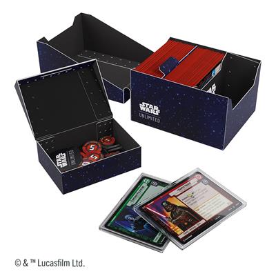 Blue Gamegenic Deck Box for Star Wars Unlimited featuring Twin Suns design, holding cards and tokens inside.