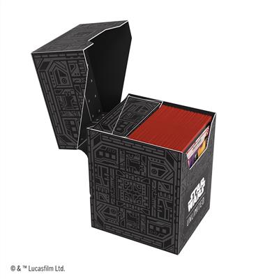 Gamegenic Deck Box featuring a Star Wars Unlimited design, open with red cards inside, showcasing a geometric black pattern.
