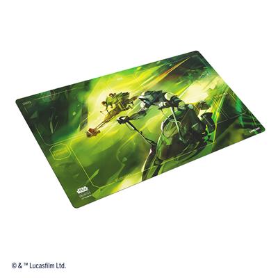 Gamegenic Playmat featuring a vibrant Star Wars Unlimited design of a speeder bike chase, ideal for tabletop gaming.