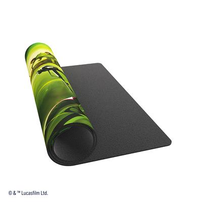 Gamegenic Playmat featuring a vibrant Star Wars Unlimited design of a speeder bike chase, rolled partially open.