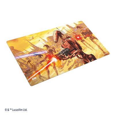 Gamegenic Star Wars Unlimited playmat featuring droids in a vibrant battle scene with blasters and dynamic colors.