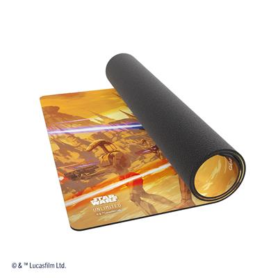 Gamegenic Playmat featuring Star Wars Unlimited design with droids and a vibrant landscape, rolled for storage.