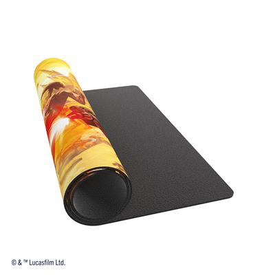 Gamegenic Playmat featuring vibrant artwork of Star Wars droids, rolled up with a textured black underside for gaming.