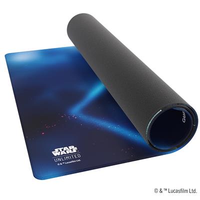 Gamegenic Playmat featuring a Stormtrooper design from Star Wars Unlimited, rolled partially open on a blue background.